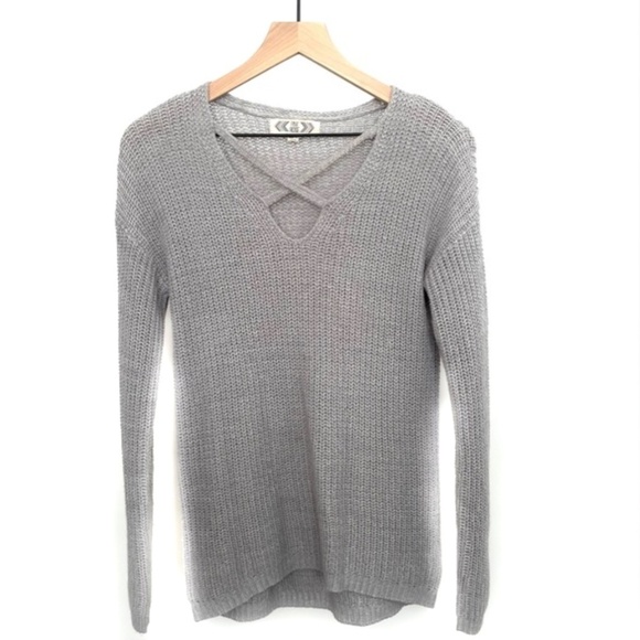 Pink Rose Knit Criss Cross Sweater Light Gray Lightweight Cozy Comfy - Picture 8 of 11